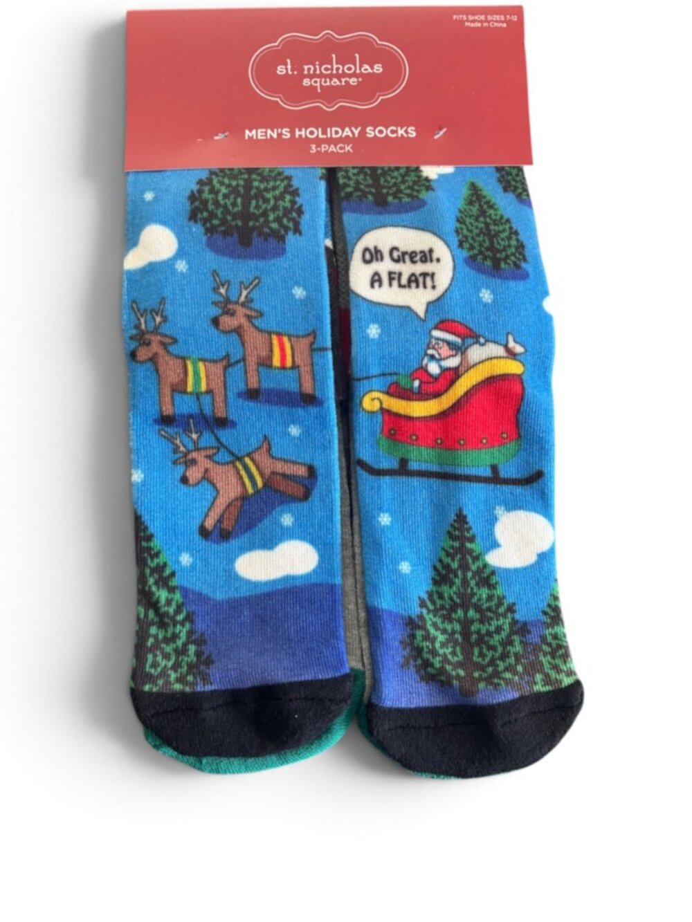 St Nicholas Square Men's Holiday Socks 3 Pack: Santa, Trees and Gray Size 7-12